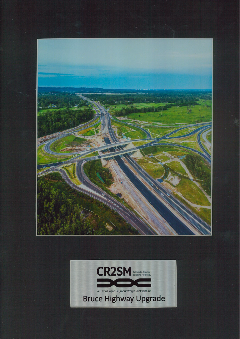 CR2SM Bruce Highway Upgrade Project Award recognition for Pavitt Group’s civil construction work on the Bruce Highway Upgrade.
