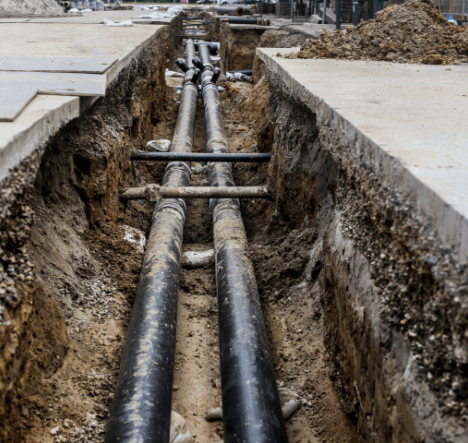 Underground pipe installation on a civil construction site, showing drainage infrastructure and trenching work.