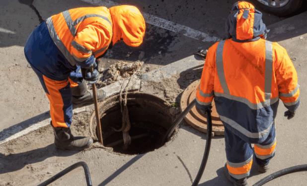 Two construction workers in high-vis gear inspecting a stormwater drain excavation on site.